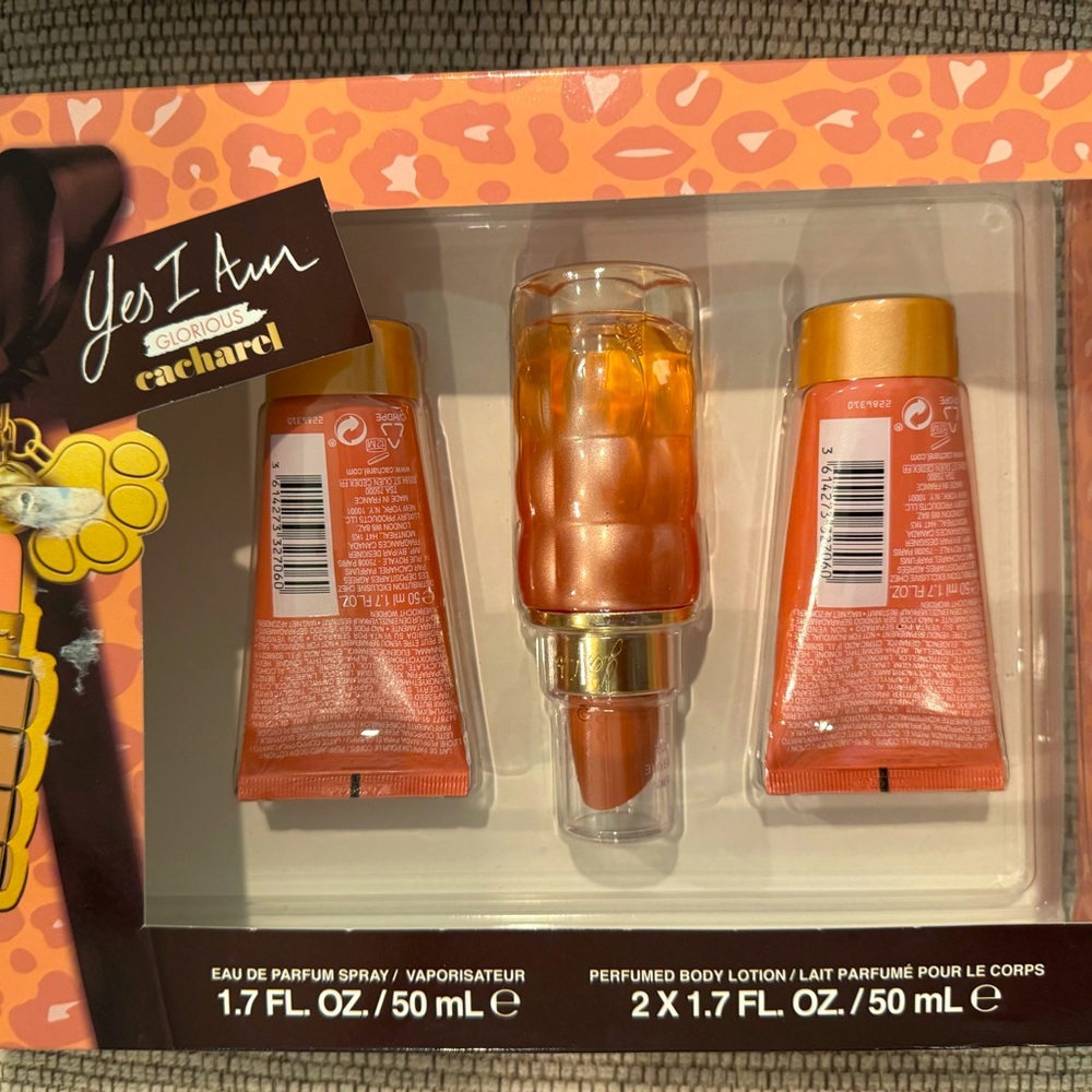 Cacharel  YES I AM glorious perfume gift set. 1.7oz perfume and 2 1.7oz lotion.